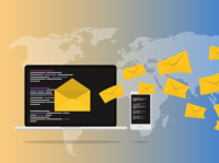 Cartoon image of a computer screen and phone with envelopes flying out across an outline map of the world