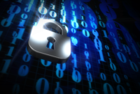 Digital image of a padlock over some binary code